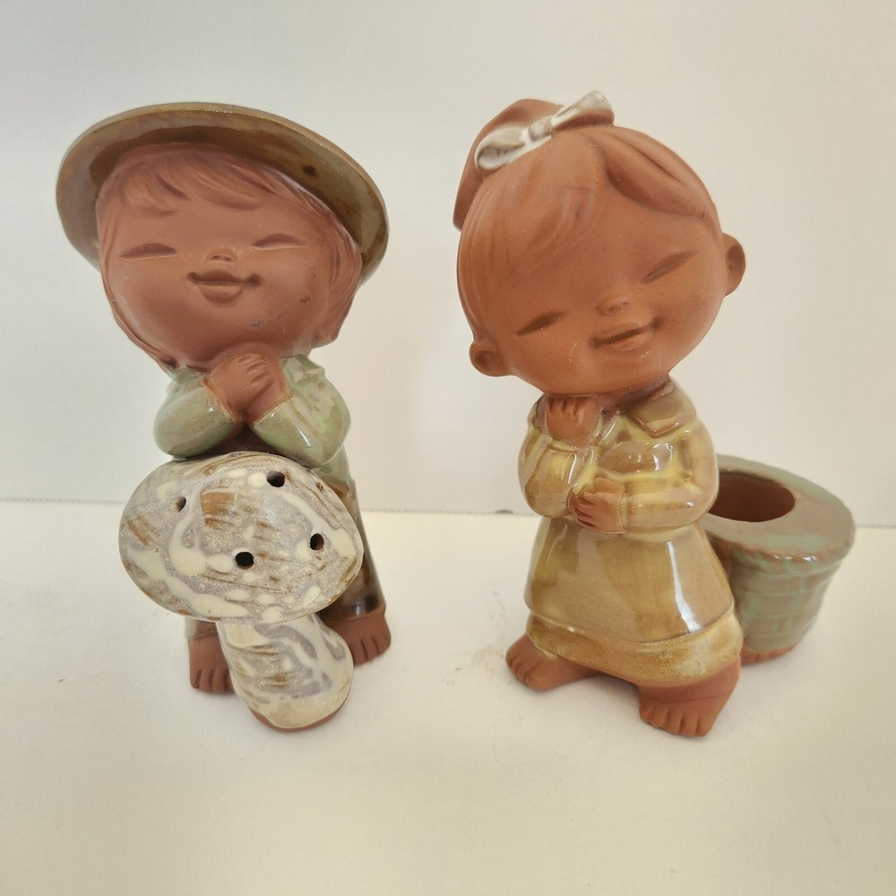 Vintage UCTCI Japan Redware Terracotta Girl & Boy Figurine Set Mushroom MCM